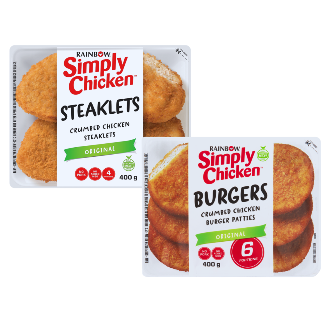 R20 Rainbow Simply Chicken Steaklets 400g (All Variants) AND  Rainbow Simply Chicken Frozen Chicken Burgers 400g (All Variants) Image