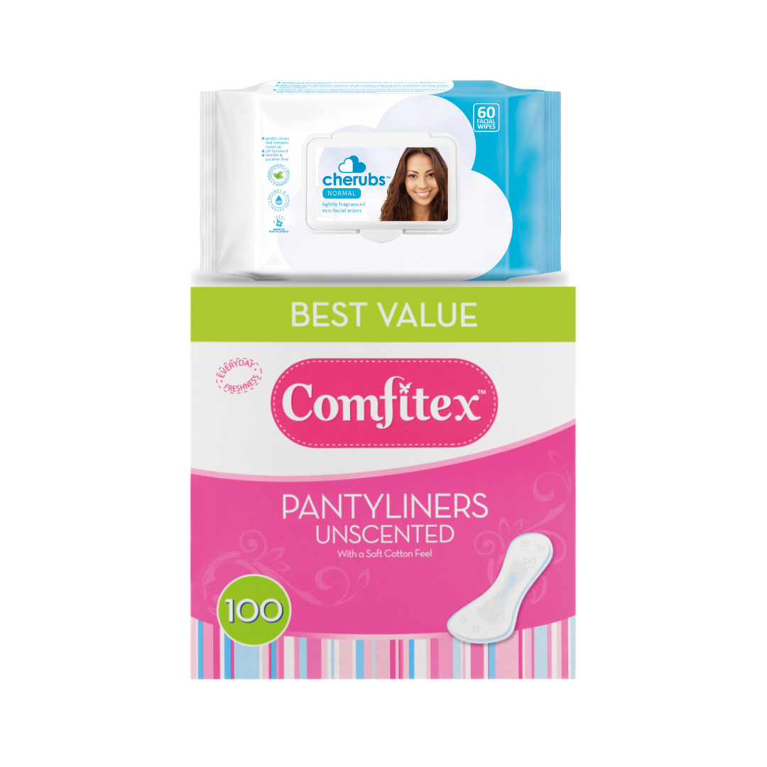 R15 off Combo: Cherubs Facial Wipes 60s + Comfitex Pantyliners Cottonsoft 100's Image