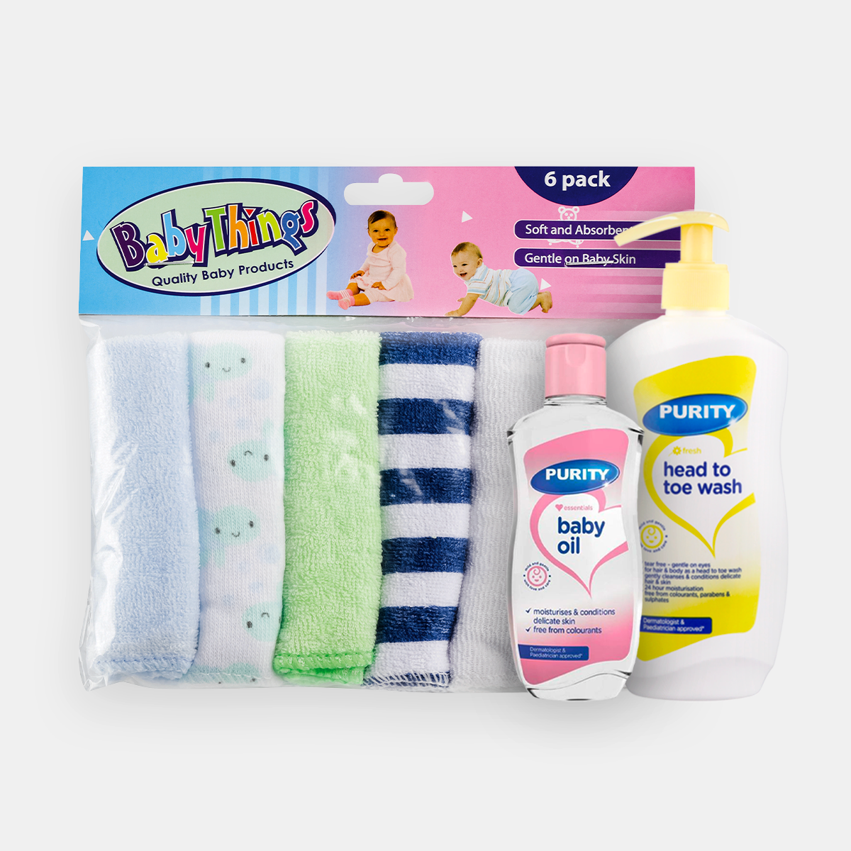 Combo - R20 Off Baby Things Washcloth 6pcs, Purity Elizabeth Anne's Baby Oil 200ml, and Purity Fresh Purity Head to Toe Wash 500ml Image
