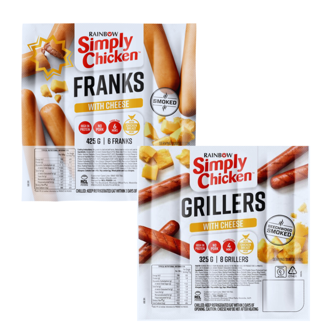 R20 Off Rainbow Simply Chicken Cheese Frankfurters 6 Pack 425g AND Rainbow Simply Chicken Cheese Grillers 325g Image