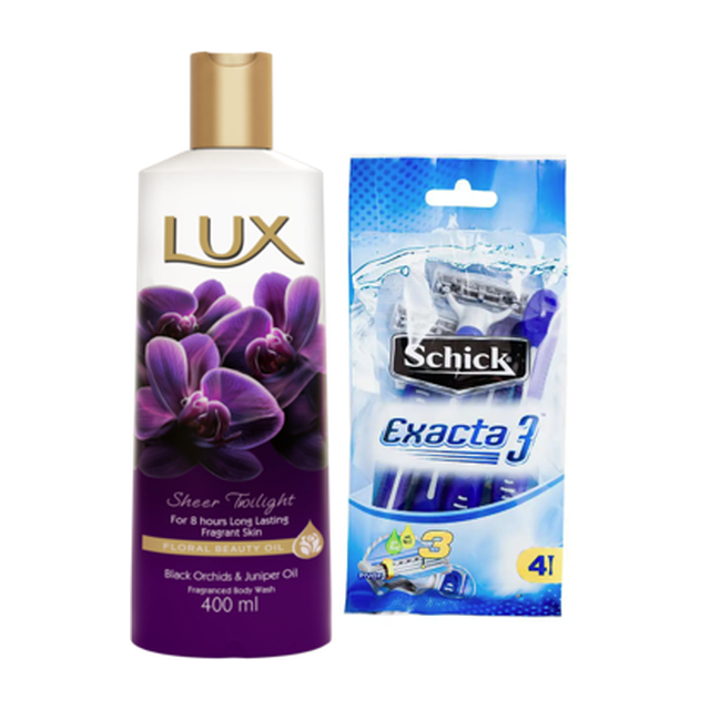 Buy LUX Sheer Twilight Body Wash 400ml & Schick Exacta 3 Sensitive 4s and Save Image