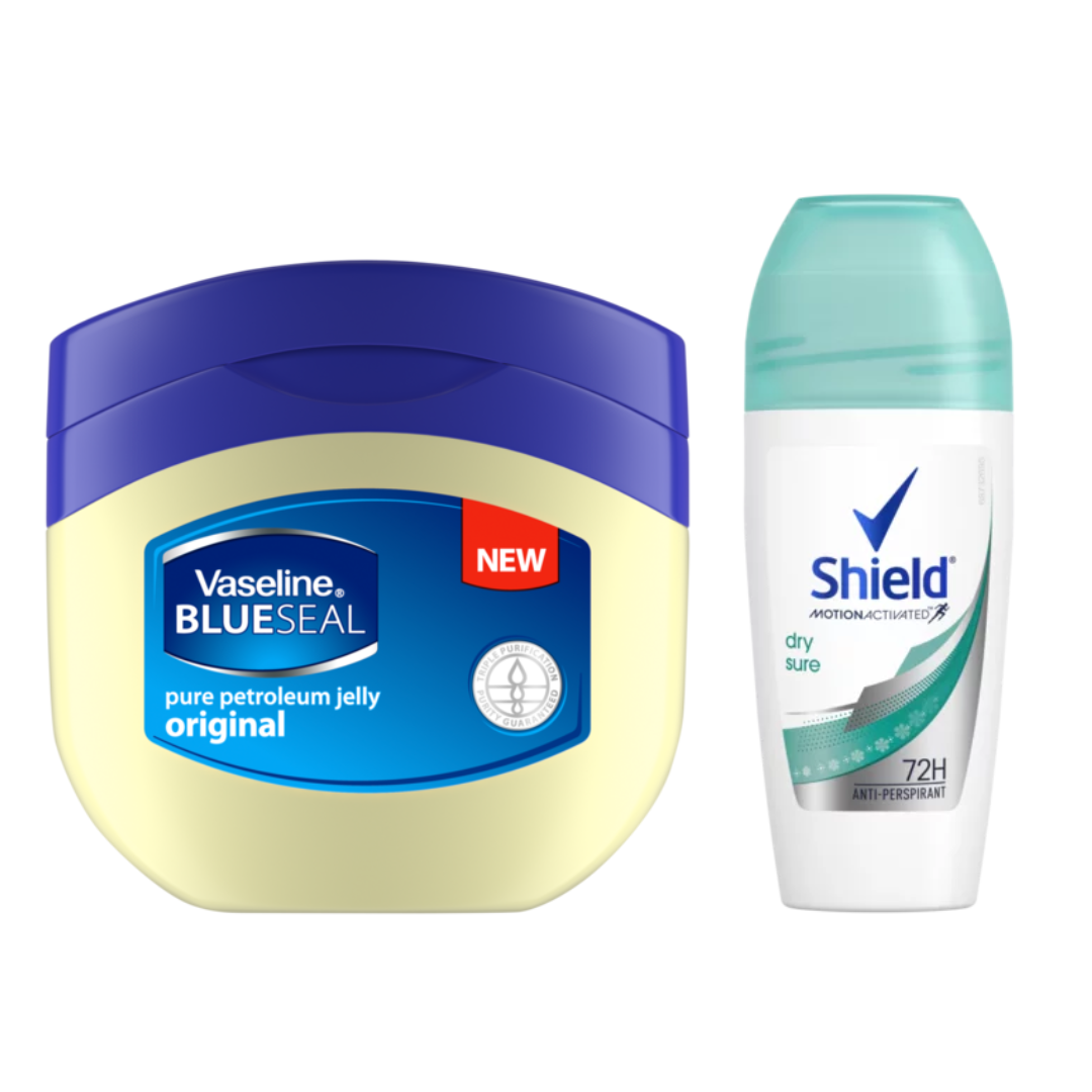 Combo: Vaseline Blue Seal Petroleum Jelly 250ml + Shield Roll On Ladies 50ml Image