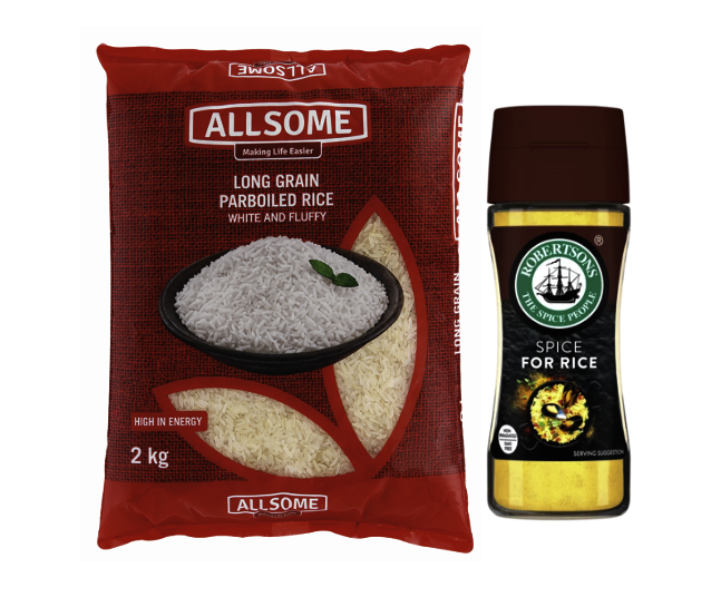 R10 Off ALLSOME Parboiled Rice 2kg AND Robertsons Spice for Rice 85 g Image