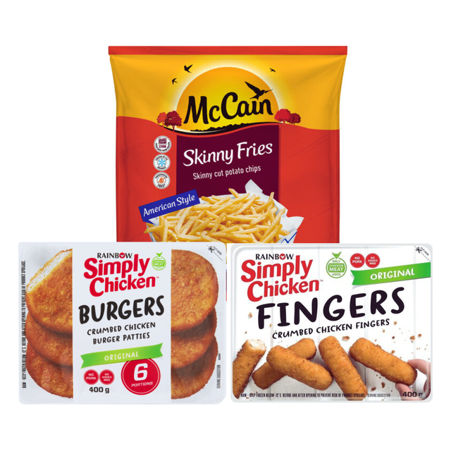 Buy  LUNCH BUNDLE - McCain Fries 1kg & Rainbow Chicken Burgers & Fingers 400g and Save Image